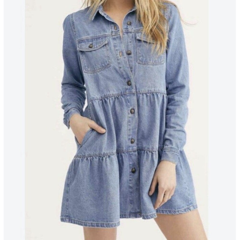 Velvet Heart Denim Chambray Babydoll Dress Size 1X Roll Tab Sleeves White Button